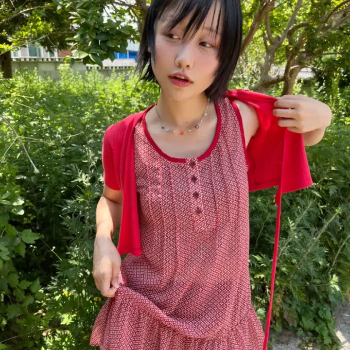 [BUNJANG] Kim Ah-hop Apple Pintuck Sleeveless Dress Red / 김아홉 애플 핀턱 슬리브리스 원피스 레드