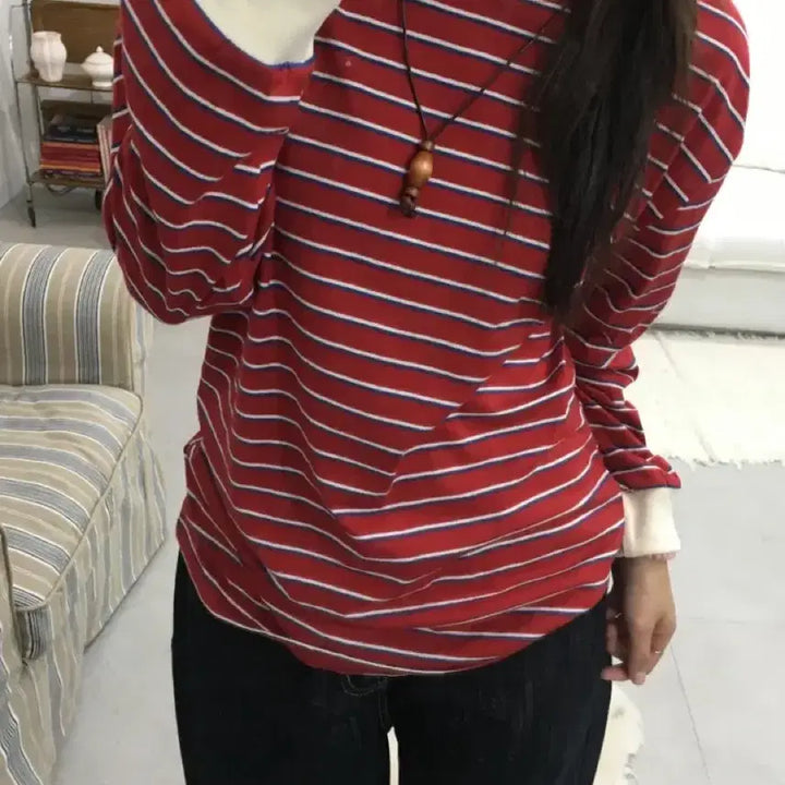 [BUNJANG] ANTIZ Striped Sweatshirt Red / 앤티즈 스트라이프 맨투맨티 레드