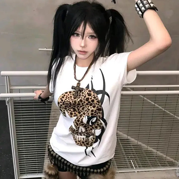 [BUNJANG] Y2K Leopard Print Short Sleeve T-Shirt / 해골 레오파드 반팔티셔츠 y2k 갸루 호피 반팔티 지뢰계 지하돌 양산형