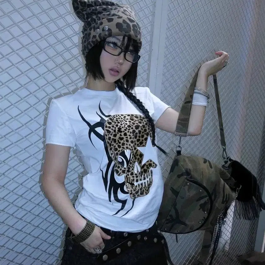 [BUNJANG] Y2K Leopard Print Short Sleeve T-Shirt / 해골 레오파드 반팔티셔츠 y2k 갸루 호피 반팔티 지뢰계 지하돌 양산형