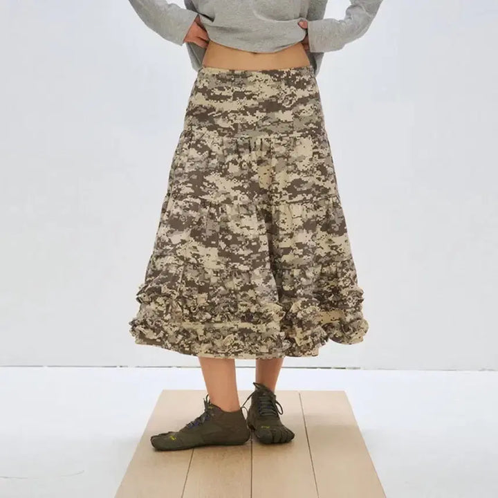 [BUNJANG] Please Project Midi Frill Skirt Digital Camo / 플리즈프로젝트 미디 프릴 스커트 디지털 카모