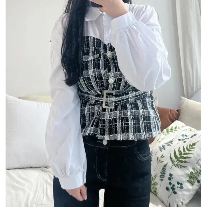 [BUNJANG] 2-Color Tweed Layered Pearl Blouse / 배색 2color 셔츠 트위드 레이어드 진주 여리 데이트 하객룩 블라우스