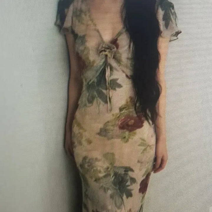 [BUNJANG] Elegant V-Neck Floral Pattern Long Dress / (해외배송)우아한 브이넥 플라워 패턴 롱 원피스