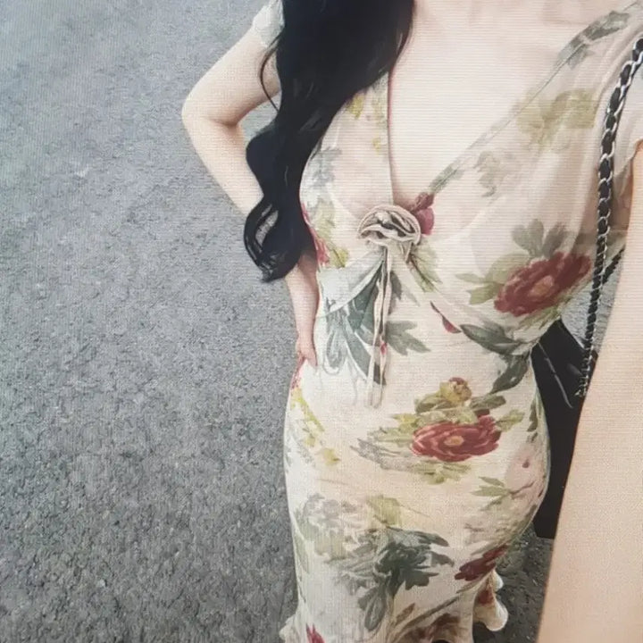 [BUNJANG] Elegant V-Neck Floral Pattern Long Dress / (해외배송)우아한 브이넥 플라워 패턴 롱 원피스