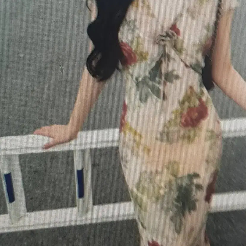 [BUNJANG] Elegant V-Neck Floral Pattern Long Dress / (해외배송)우아한 브이넥 플라워 패턴 롱 원피스