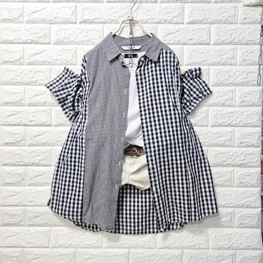[BUNJANG] Unbalanced Checkered Short Sleeve Shirt / 언발 체크 반팔 셔츠