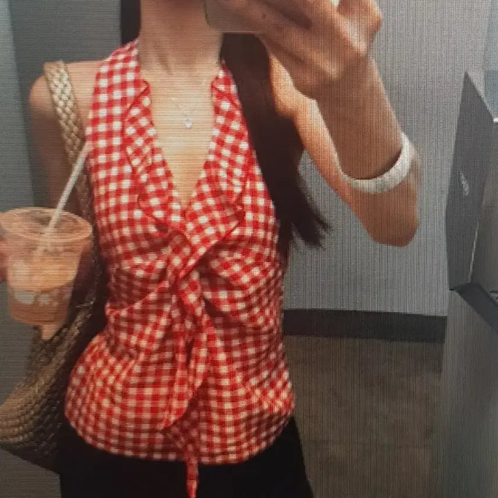 [BUNJANG] Red Check Halterneck Blouse / (해외배송)레드 체크  홀터넥 블라우스 셔츠