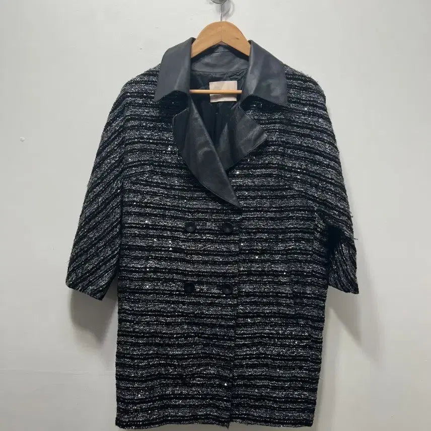 [BUNJANG] Izzatbaba Black Tweed Leather Collar Short Sleeve Jacket / 아이잗바바 블랙 트위드 레더 카라 반팔 자켓 F
