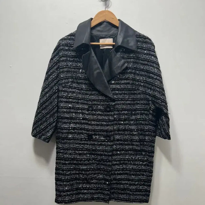 [BUNJANG] Izzatbaba Black Tweed Leather Collar Short Sleeve Jacket / 아이잗바바 블랙 트위드 레더 카라 반팔 자켓 F
