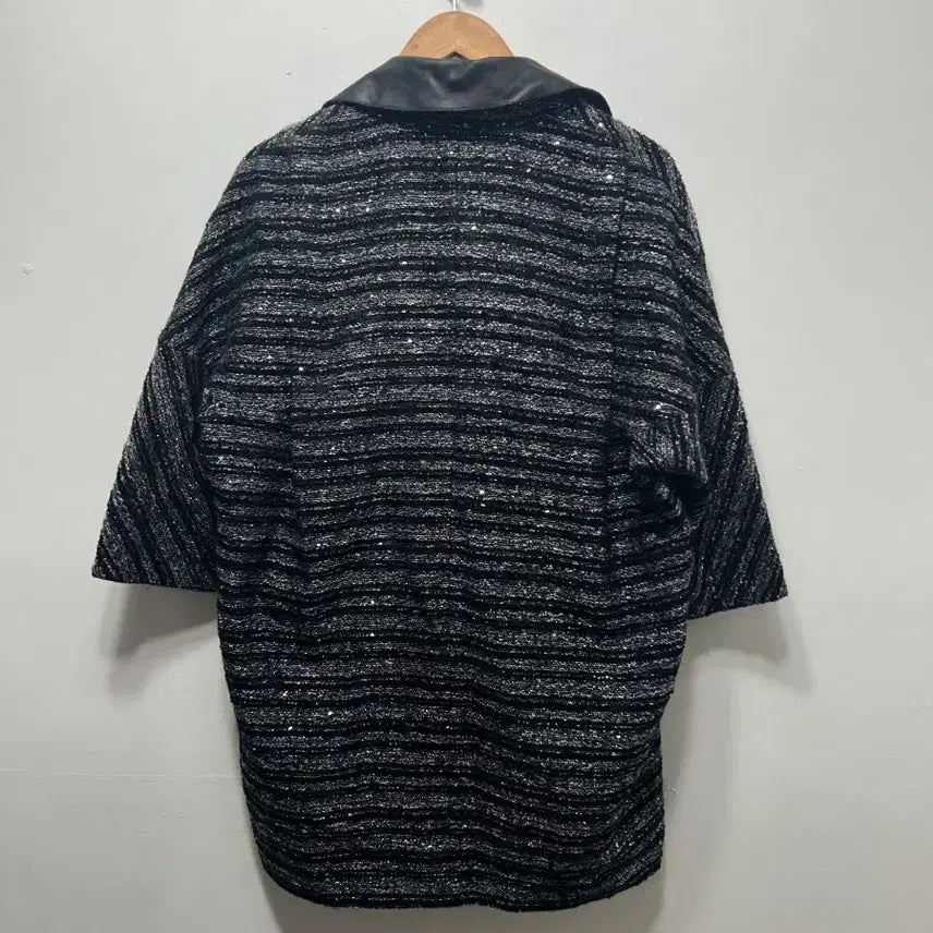 [BUNJANG] Izzatbaba Black Tweed Leather Collar Short Sleeve Jacket / 아이잗바바 블랙 트위드 레더 카라 반팔 자켓 F
