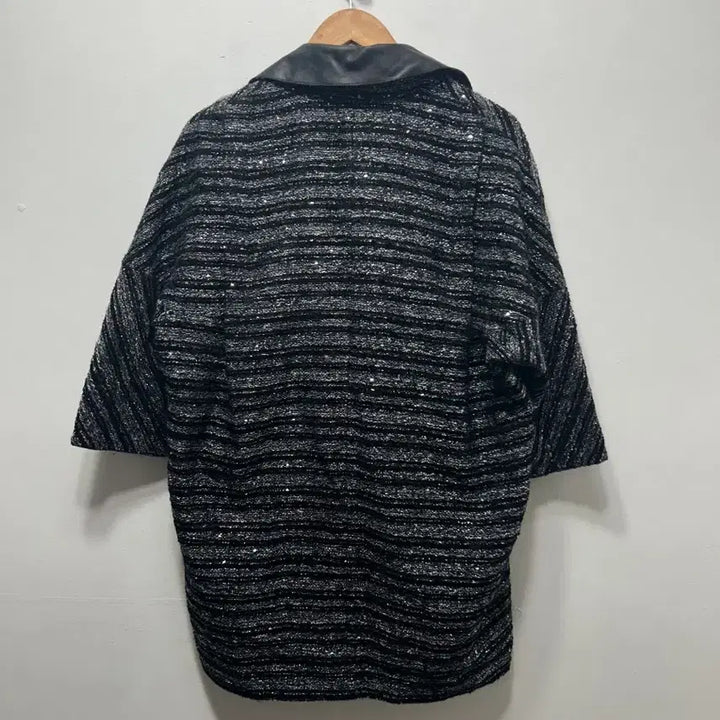 [BUNJANG] Izzatbaba Black Tweed Leather Collar Short Sleeve Jacket / 아이잗바바 블랙 트위드 레더 카라 반팔 자켓 F