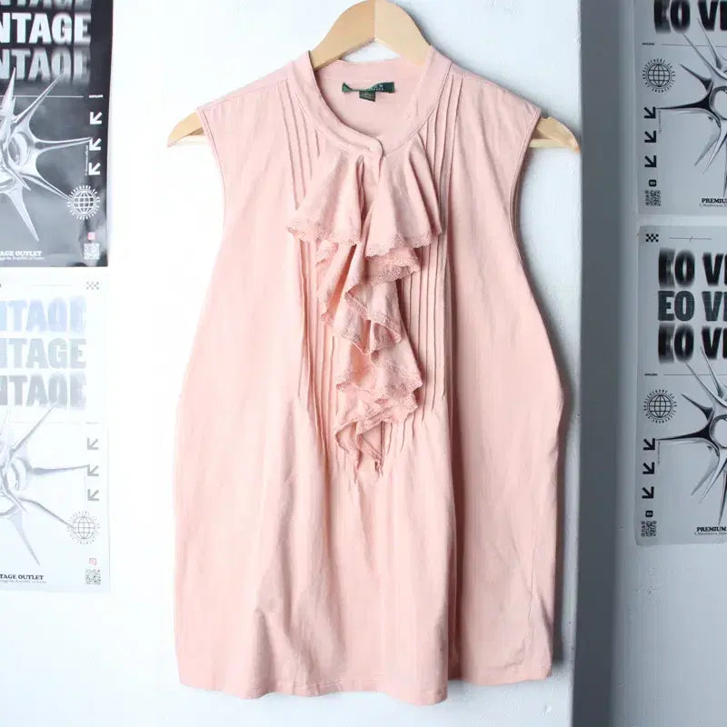 [BUNJANG] Polo Ralph Lauren Lace Trimmed Sleeveless Top / W(XL) 폴로 랄프로렌 반팔 티셔츠 민소매 핑크 레이스-185F7