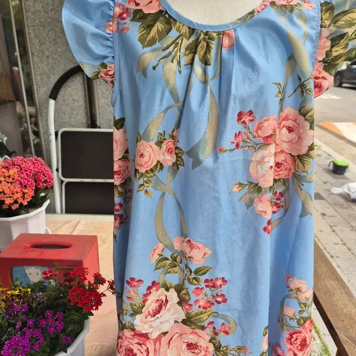 [BUNJANG] Rose Patterned Blue Cotton Sleepwear Dress / 잠옷겸 실내복