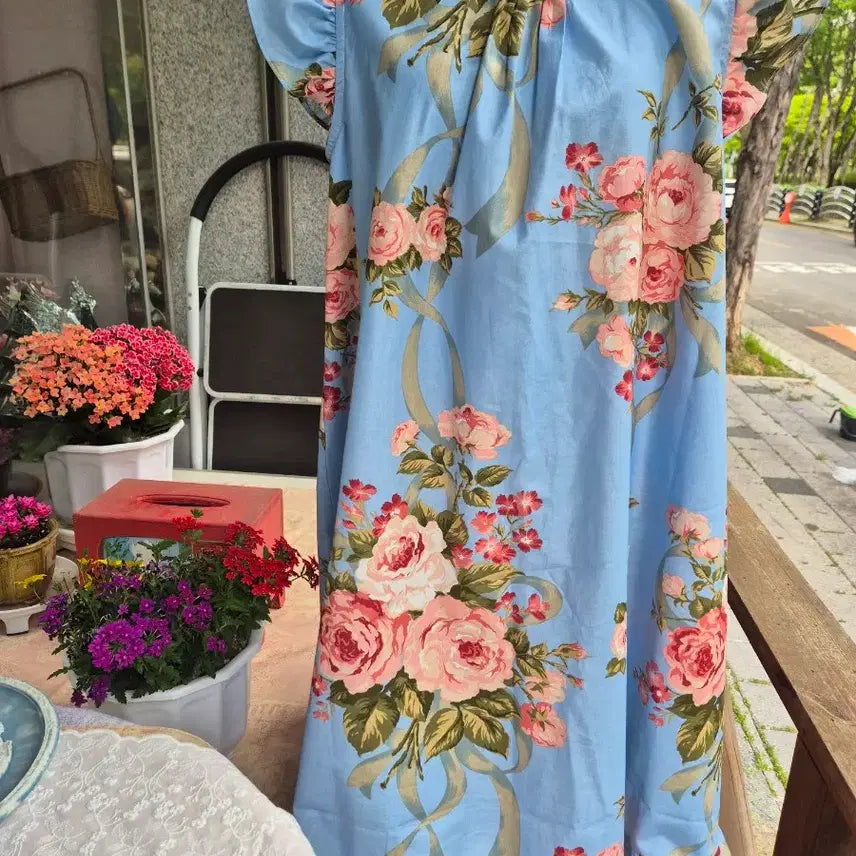 [BUNJANG] Rose Patterned Blue Cotton Sleepwear Dress / 잠옷겸 실내복
