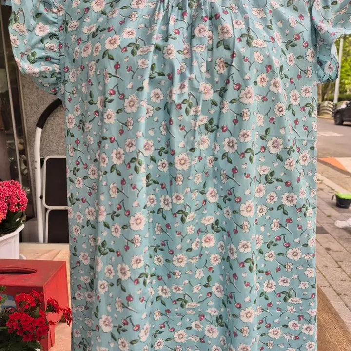 [BUNJANG] Rose Patterned Blue Cotton Sleepwear Dress / 잠옷겸 실내복