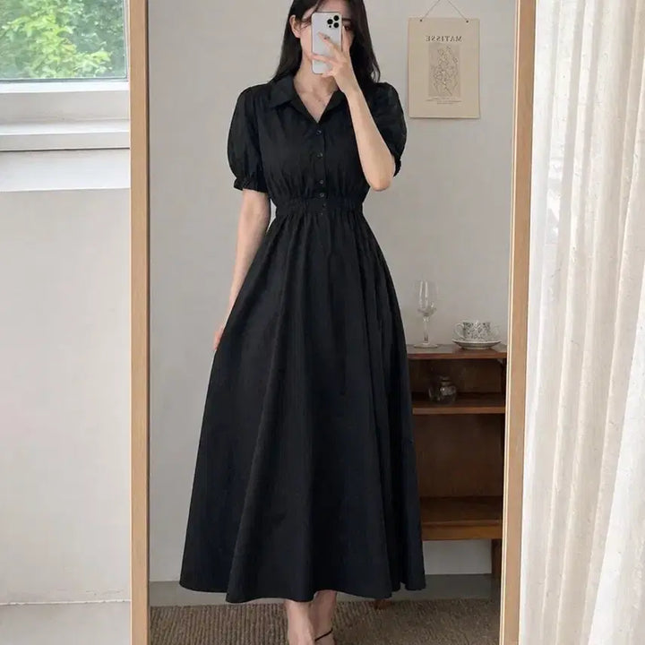 [BUNJANG] Black Pleated Summer Dress / 여성 카라 반팔 롱원피스 블랙 밴딩 플레어핏 데일리 여름원피스