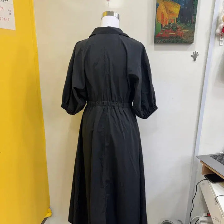 [BUNJANG] Black Pleated Summer Dress / 여성 카라 반팔 롱원피스 블랙 밴딩 플레어핏 데일리 여름원피스