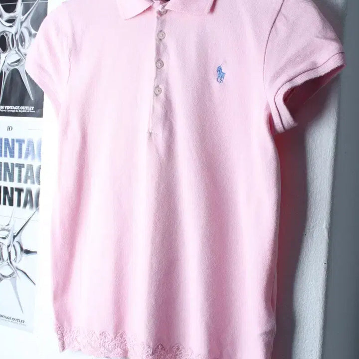 [BUNJANG] Polo Ralph Lauren Lace Polo Shirt / W(S) 폴로 랄프로렌 반팔 카라 티셔츠 레이스 핑크 포니-185C4