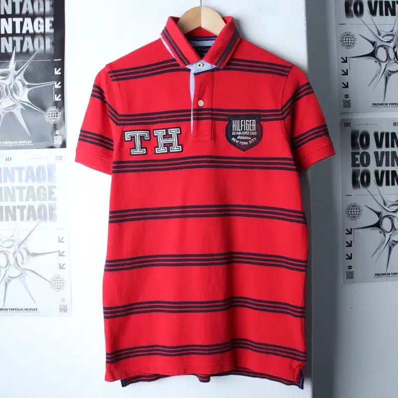 [BUNJANG] Tommy Hilfiger Striped Polo Shirt / (S-M) 타미힐피거 반팔 카라 티셔츠 스트라이프 레드-185C7