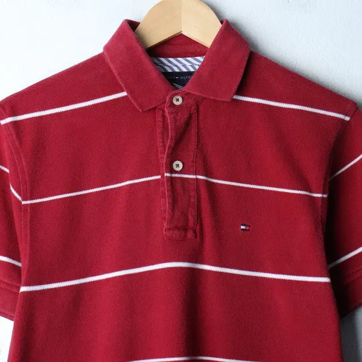 [BUNJANG] Tommy Hilfiger Striped Burgundy Polo Shirt / (XS-M) 타미힐피거 반팔 카라 티셔츠 스트라이프 버건디-185CC