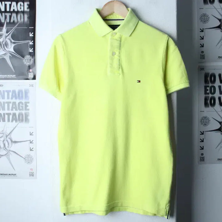 [BUNJANG] Tommy Hilfiger Small Logo Polo Shirt / (S-M) 타미힐피거 반팔 카라 티셔츠 스몰로고 형광노랑-185D4