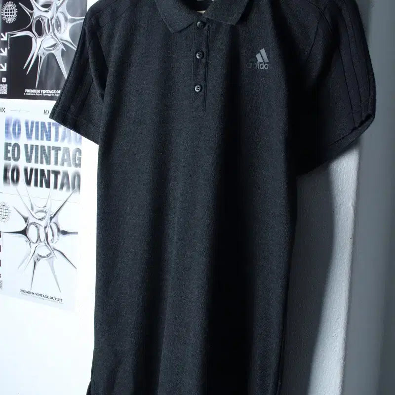 [BUNJANG] Adidas Charcoal Tri-Stripe Polo Shirt / (S) 아디다스 반팔 카라 티셔츠 차콜 삼선 올드스쿨-185D8