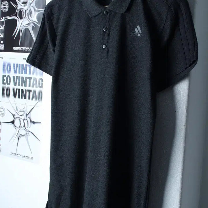 [BUNJANG] Adidas Charcoal Tri-Stripe Polo Shirt / (S) 아디다스 반팔 카라 티셔츠 차콜 삼선 올드스쿨-185D8