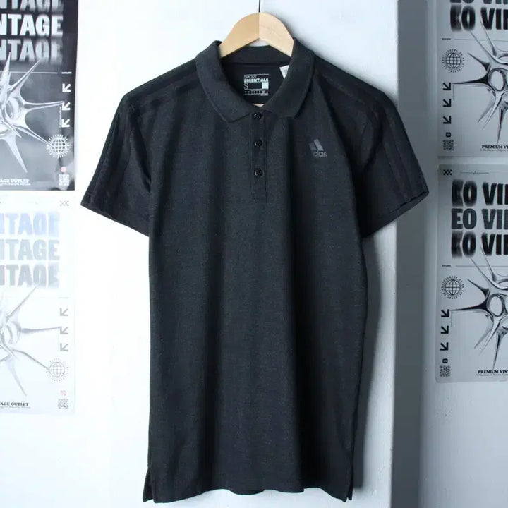 [BUNJANG] Adidas Charcoal Tri-Stripe Polo Shirt / (S) 아디다스 반팔 카라 티셔츠 차콜 삼선 올드스쿨-185D8