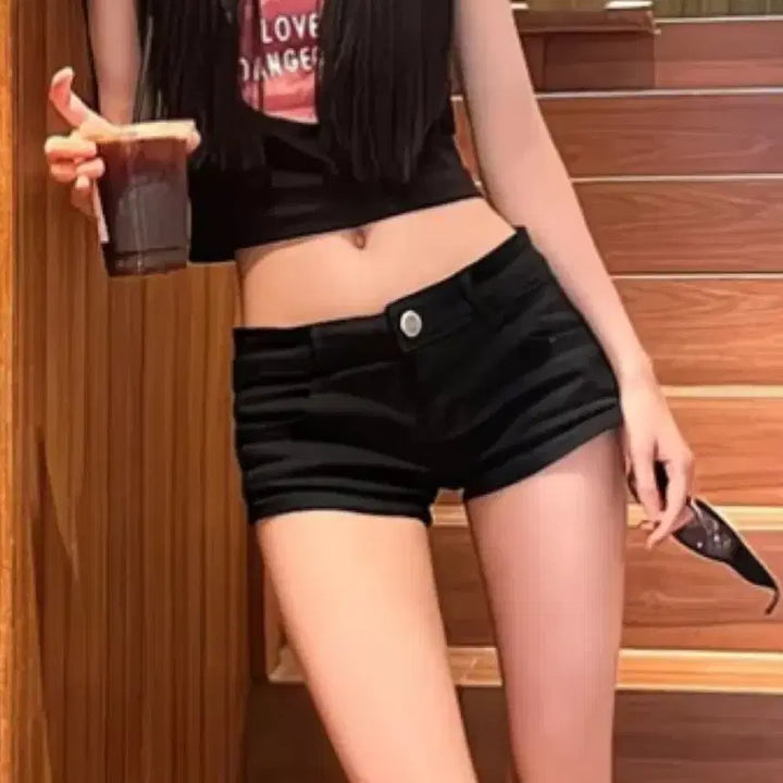 [BUNJANG] Y2K Black Low Denim Shorts / y2k 블랙 로우 데님 쇼트 팬츠 스키니 스판 댄스 힙색