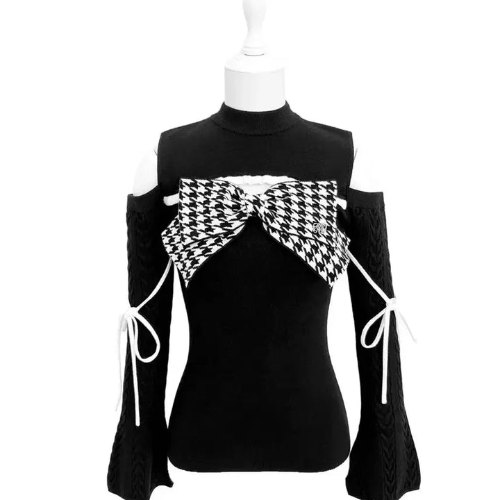 [BUNJANG] Honey Muse Big Ribbon Shoulder Open Knit Top / 허니뮤 빅리본 어깨 오픈 니트 탑