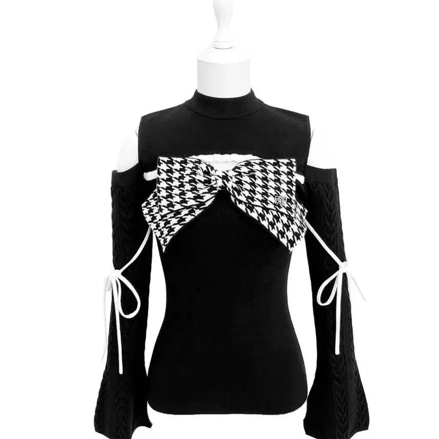 [BUNJANG] Honey Muse Big Ribbon Shoulder Open Knit Top / 허니뮤 빅리본 어깨 오픈 니트 탑
