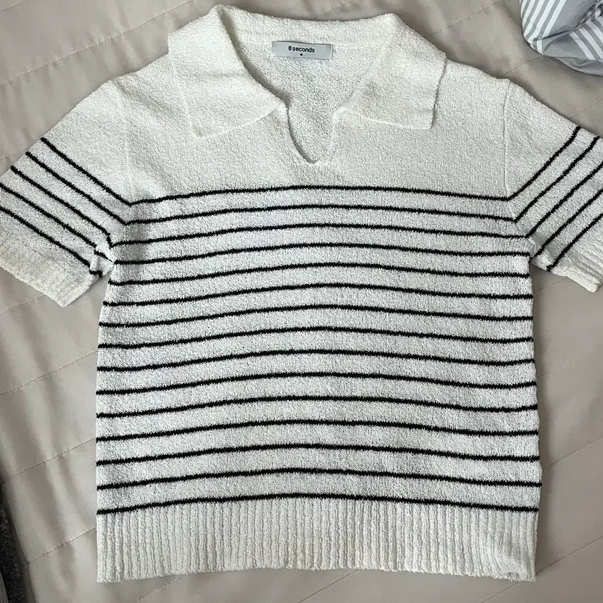 [BUNJANG] 8 Seconds White Stripe Short Sleeve Knit / 8세컨즈 흰색 스트라이프 반팔 니트