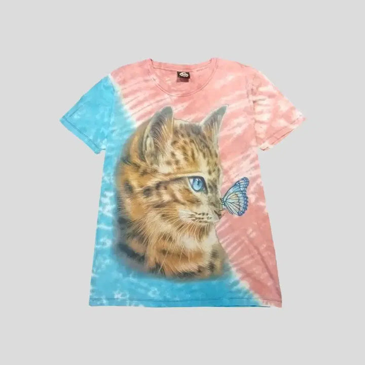 [BUNJANG] CABALLO Pink Blue Tie-Dye Cat Print T-shirt / CABALLO 카발로 핑크 블루 타이다이 패턴 고양이 캣 나비 프린팅 코