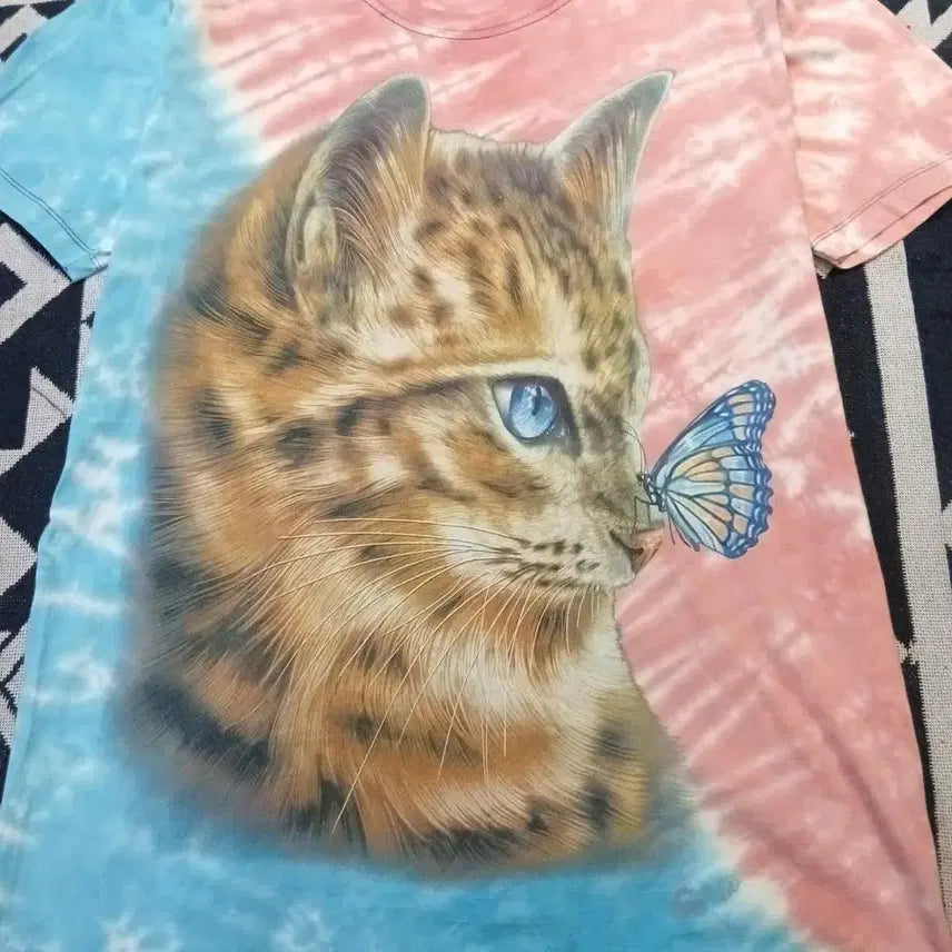 [BUNJANG] CABALLO Pink Blue Tie-Dye Cat Print T-shirt / CABALLO 카발로 핑크 블루 타이다이 패턴 고양이 캣 나비 프린팅 코