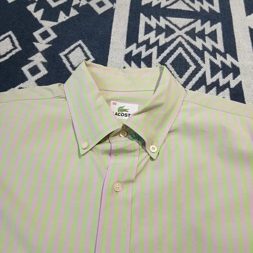 [BUNJANG] Lacoste Melona Light Green Lavender Striped Croc Patch Logo Chest Pocket Top / 라코스테 메로나 라이트그린 라벤더 스트라이프 크록패치 로고 체스트포켓 버