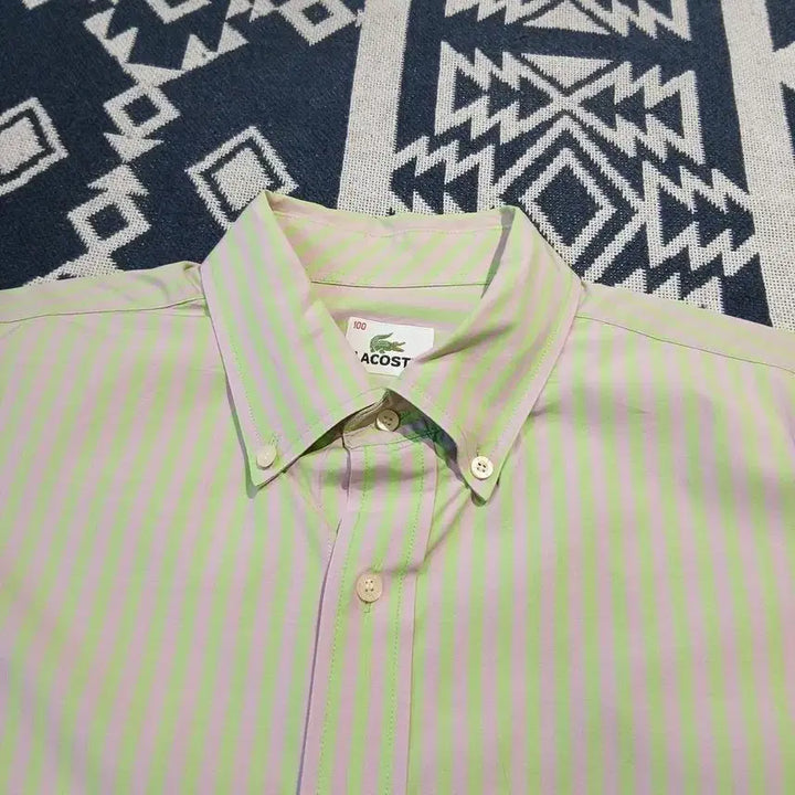 [BUNJANG] Lacoste Melona Light Green Lavender Striped Croc Patch Logo Chest Pocket Top / 라코스테 메로나 라이트그린 라벤더 스트라이프 크록패치 로고 체스트포켓 버