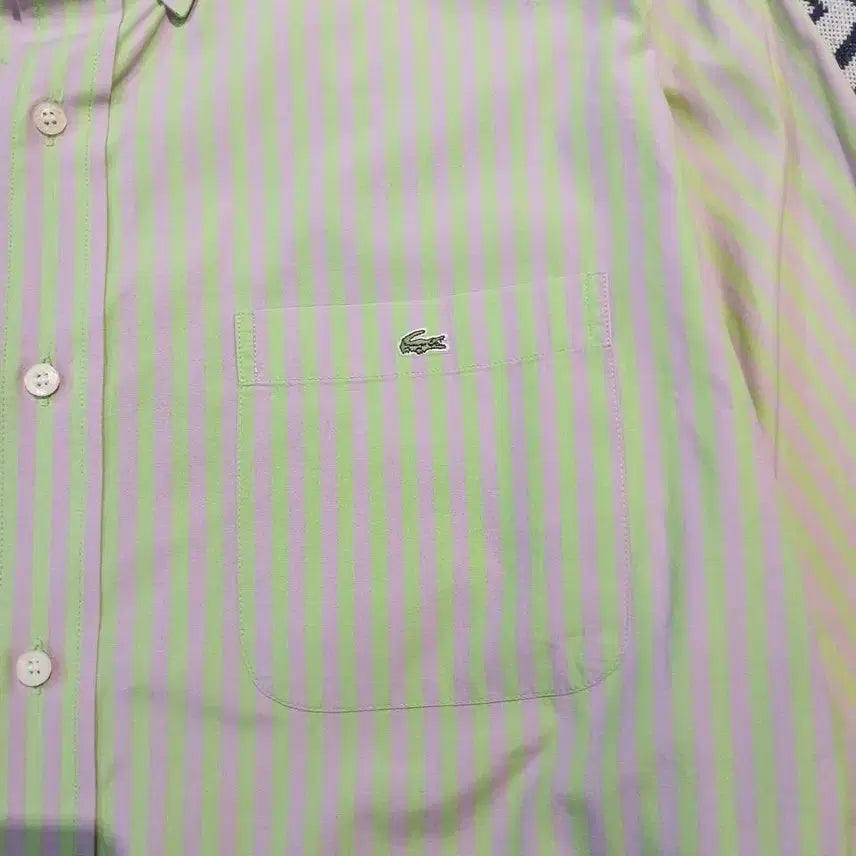 [BUNJANG] Lacoste Melona Light Green Lavender Striped Croc Patch Logo Chest Pocket Top / 라코스테 메로나 라이트그린 라벤더 스트라이프 크록패치 로고 체스트포켓 버