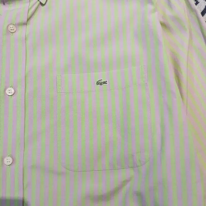 [BUNJANG] Lacoste Melona Light Green Lavender Striped Croc Patch Logo Chest Pocket Top / 라코스테 메로나 라이트그린 라벤더 스트라이프 크록패치 로고 체스트포켓 버