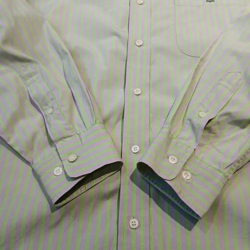 [BUNJANG] Lacoste Melona Light Green Lavender Striped Croc Patch Logo Chest Pocket Top / 라코스테 메로나 라이트그린 라벤더 스트라이프 크록패치 로고 체스트포켓 버