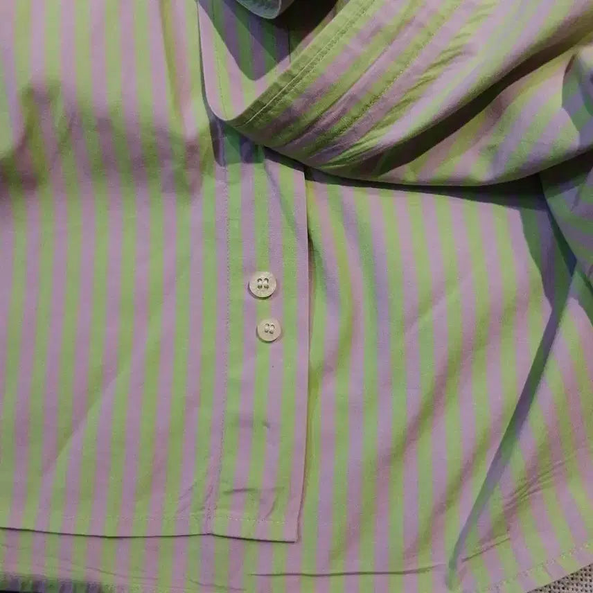 [BUNJANG] Lacoste Melona Light Green Lavender Striped Croc Patch Logo Chest Pocket Top / 라코스테 메로나 라이트그린 라벤더 스트라이프 크록패치 로고 체스트포켓 버