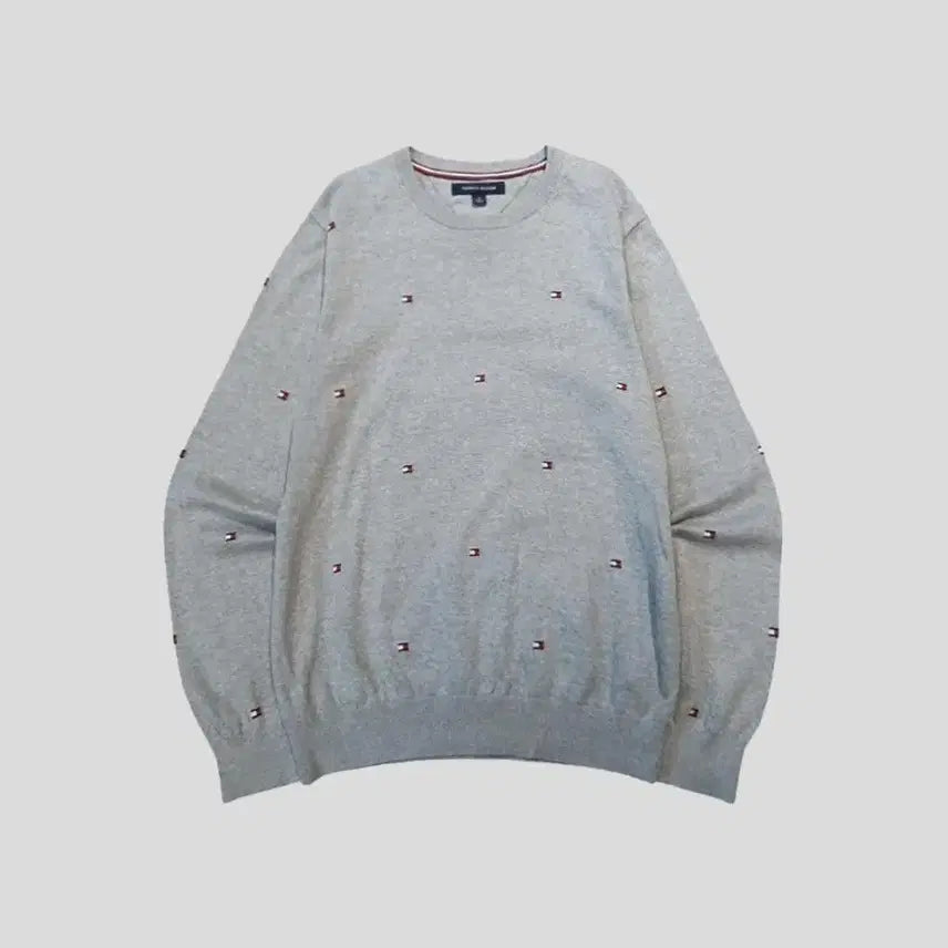 [BUNJANG] Tommy Hilfiger Gray Logo Pattern Cotton Knit Sweater / 타미힐피거 그레이 로고패턴 아메카지 코튼 라운드넥 니트 M