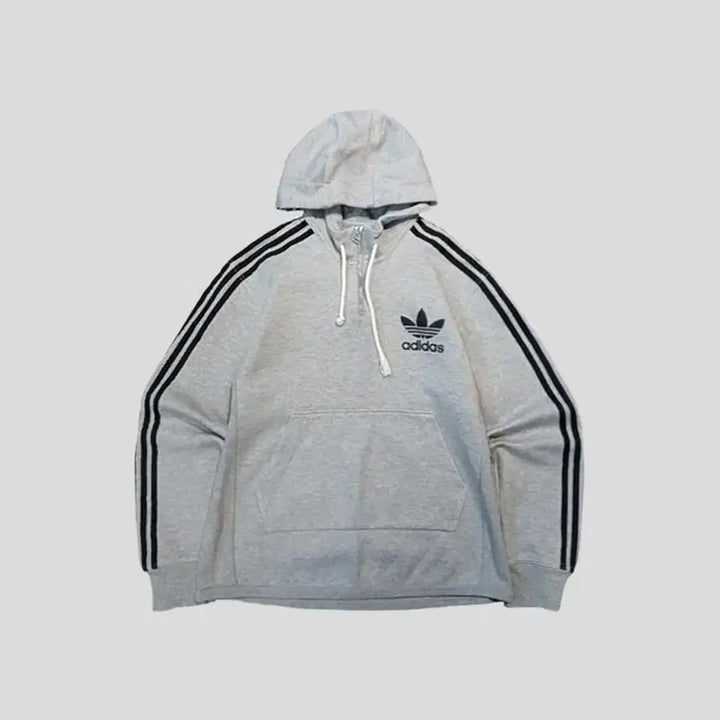 [SOLD OUT] 아디다스 그레이 블랙 트레포일 로고 삼선 하프집업 반집업 풀오버 후드 티