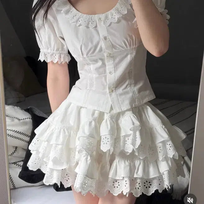 [BUNJANG] Thetis Angel Lace Blouse and Ruffle Skirt Set / 더티스 앤젤 레이스 블라우스+레이스 러플 스커트 s 셋업 화이트 1차