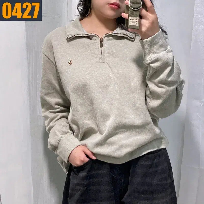 [BUNJANG] Polo Ralph Lauren Beige Half-Zip Sweatshirt / 95 POLO 폴로 랄프로렌 신형로고 베이지 반집업 맨투맨 티셔츠 M