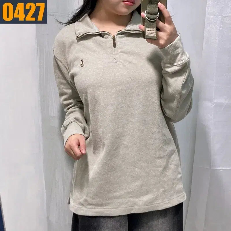 [BUNJANG] Polo Ralph Lauren Beige Half-Zip Sweatshirt / 95 POLO 폴로 랄프로렌 신형로고 베이지 반집업 맨투맨 티셔츠 M