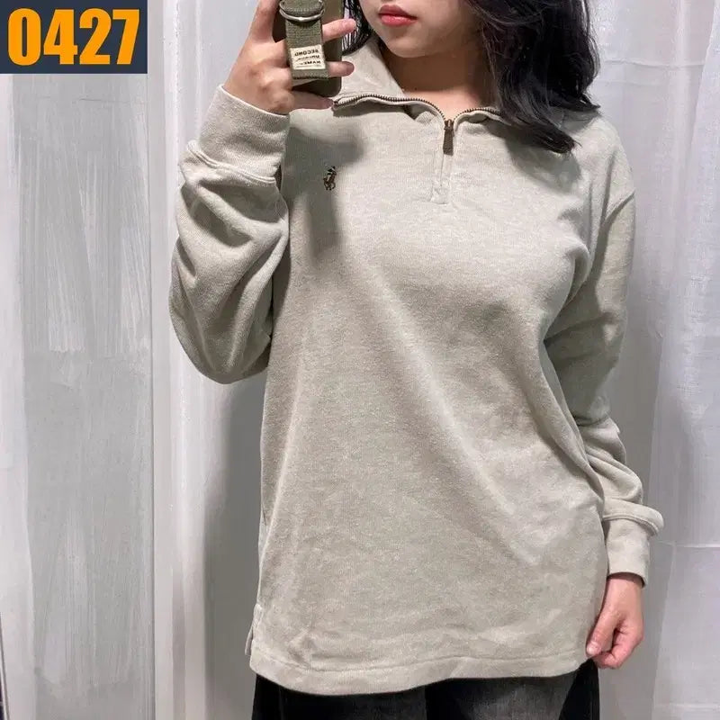 [BUNJANG] Polo Ralph Lauren Beige Half-Zip Sweatshirt / 95 POLO 폴로 랄프로렌 신형로고 베이지 반집업 맨투맨 티셔츠 M