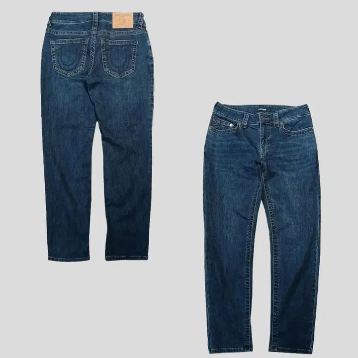 [BUNJANG] True Religion Slim Straight Jeans / 트루릴리전 중청워싱 네이비 스티치 슬림 스트레이트핏 스트레치 청바지 데님