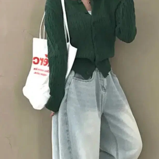 [BUNJANG] Green Cable Knit Cardigan / 꽈배기 그린 가디건