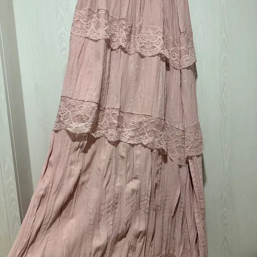 [BUNJANG] Pink Lace Tiered Long Skirt / 레이스 캉캉 롱 스커트 핑크