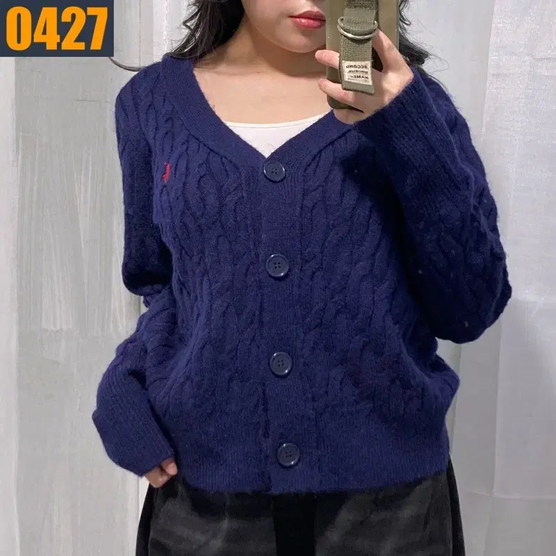 [BUNJANG] Polo Ralph Lauren Cable Knit Navy Cardigan (S) / 90 POLO 폴로 랄프로렌 신형로고 꽈배기 네이비 니트 가디건 S